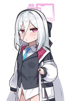 1girl annoyed black_bow black_hairband black_jacket blue_archive blue_necktie blush bottomless bow breasts coat collared_shirt commentary convenient_censoring cowboy_shot dress_shirt furrowed_brow groin hair_between_eyes hair_bow hairband halo highres holding_strap jacket jacket_under_coat kei_(blue_archive) kei_(new_body)_(blue_archive) leonat long_bangs long_hair long_sleeves looking_at_viewer loose_hair_strand necktie nervous_sweating no_panties no_pants open_clothes open_coat parted_lips pink_halo purple_eyes rectangular_halo shirt shirttail simple_background small_breasts solo strap suit_jacket sweat sweatdrop v-shaped_eyebrows very_long_hair white_background white_coat white_hair white_shirt