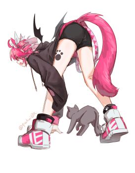 1girl ahoge animal_ears bent_over black_hoodie bow cat cat_ears cat_tail commentary_request drill_hair fang hair_bow highres hood hoodie kasane_neko_(haru57928031) kasane_teto long_sleeves open_mouth paw_print pink_eyes pink_hair qiukui shoes short_hair sideways_mouth simple_background sneakers solo standing tail twin_drills twitter_username utau v-shaped_eyebrows white_background white_shoes wings