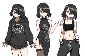 1girl absurdres alternate_costume arm_behind_back arms_at_sides bare_arms bare_legs bare_shoulders black_dress black_garter_straps black_gloves black_hair black_hoodie black_pants black_shirt breasts brown_eyes brown_thighhighs china_dress chinese_clothes closed_mouth collarbone crop_top crossed_bangs dot_mouth dot_nose dress face_print fate/grand_order fate_(series) floral_print garter_straps gloves hair_over_one_eye hands_in_pockets highres hood hoodie light_smile long_sleeves looking_at_viewer mole mole_under_eye multiple_views navel open_hand pants shirt short_hair sideways_glance simple_background small_breasts tasty_tonkatsu thighhighs tilted_head track_pants turning_head white_background xu_fu_(fate)