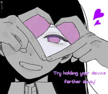 1girl collared_shirt commentary english_text four-finger_heart_hands heart heart_hands long_hair mari_(faraway)_(omori) mari_(omori) nill_(nill) omori open_mouth shirt simple_background smile solo spot_color symbol-only_commentary twitter_username