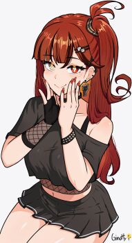 1girl absurdres alternate_costume black_choker black_gloves black_shirt black_skirt bra_strap bracelet breasts brown_hair choker closed_mouth colored_inner_hair commentary daiya_fortuna dice_hair_ornament earrings english_commentary fingerless_gloves fishnet_gloves fishnet_top fishnets ginotty gloves grey_eyes hair_ornament heterochromia highres indie_virtual_youtuber jewelry large_breasts long_hair looking_at_viewer midriff miniskirt multicolored_hair multiple_piercings navel number_earrings orange_hair red_eyes red_nails shirt short_sleeves side_ponytail signature simple_background single_glove skirt smile solo spiked_bracelet spikes stud_earrings symbol-shaped_pupils virtual_youtuber white_background