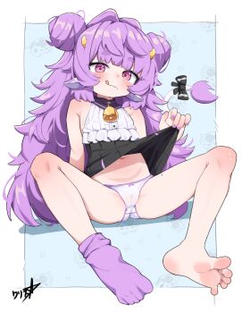 1girl :q absurdres animal_ears belly boppin cameltoe clothes_lift cow_ears cow_girl_(species) cow_horns cow_tail double_bun dress dress_lift feet female_focus hair_bun highres horns lifting_own_clothes loli mole mole_under_mouth muu_muyu navel panties phase_connect pink_eyes purple_hair sitting smile socks solo spread_legs stomach tail thighs toes tongue tongue_out underwear