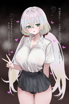 1girl ? absurdres aqua_hair arm_behind_back black_panties black_skirt blonde_hair blush breasts brown_background cleavage commentary_request cowboy_shot crossed_bangs cupitan_(granblue_fantasy) gradient_hair granblue_fantasy green_eyes hair_between_eyes heart highres large_breasts long_hair looking_at_viewer low_twintails microskirt multicolored_hair nipples open_mouth panties purple_hair ritaiya see-through_clothes see-through_shirt shirt short_sleeves simple_background skirt solo standing sweatdrop translation_request twintails underwear v white_hair white_shirt