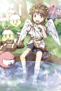 1boy adapted_costume angel angel_wings azumi_(tks-sd) barefoot belt bike_shorts bike_shorts_under_skirt brown_belt brown_hair character_request creature eggplant eggplant_wizard feathered_wings food forest full_body gold_thighlet grass hand_up holding holding_food holding_vegetable jewelry kid_icarus kid_icarus_uprising laurel_crown liquid male_focus monoeye nature nintendo on_grass pale_skin partially_submerged pit_(kid_icarus) sandals sidelocks sitting souflee thighlet tree unworn_sandals v-shaped_eyebrows vegetable water wings