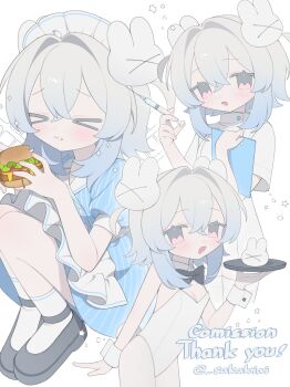 Rule 34 | > <, 1girl, apron, black bow, black bowtie, blue dress, bow, bowtie, burger, buttoned cuffs, buttons, closed eyes, commentary, commission, detached collar, dress, eating, food, grey hair, hair ornament, highres, holding, holding burger, holding food, holding syringe, holding tray, leotard, looking at viewer, maid headdress, multiple views, nurse, open mouth, original, playboy bunny, puffy short sleeves, puffy sleeves, rabbit hair ornament, sakakiai, short sleeves, sitting, skeb commission, standing, strapless, strapless leotard, striped clothes, striped dress, syringe, tray, white apron, white leotard, wrist cuffs