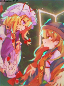 Rule 34 | 2girls, blonde hair, closed mouth, detached sleeves, dress, folded fan, folding fan, from side, gap (touhou), hair between eyes, hair ribbon, hand fan, hashtag-only commentary, hat, holding, holding fan, long hair, long sleeves, looking at another, matara okina, mob cap, multiple girls, nekodaisuki3737, orange tabard, purple eyes, purple tabard, ribbon, shirt, smile, tabard, touhou, twitter username, upper body, white dress, white shirt, yakumo yukari, yellow eyes