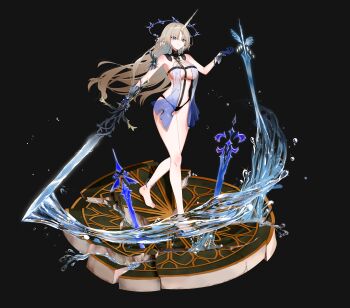 1girl absurdres armored_gloves bare_legs bare_shoulders barefoot black_background black_collar black_panties blonde_hair blue_eyes blue_hands breasts closed_mouth coke_kat collar commentary crown_of_thorns earrings faux_figurine feet fleurdelys_(wuthering_waves) floating floating_earrings floating_object floating_sword floating_weapon full_body hand_up highres holding holding_sword holding_weapon horns jewelry large_breasts legs long_hair long_horns looking_ahead multicolored_hair multiple_earrings multiple_swords necklace nipples no_bra panties parted_bangs pointy_ears revealing_clothes simple_background single_horn solo streaked_hair sword tabard thighs toes underwear very_long_hair weapon white_tabard wuthering_waves yellow_horns