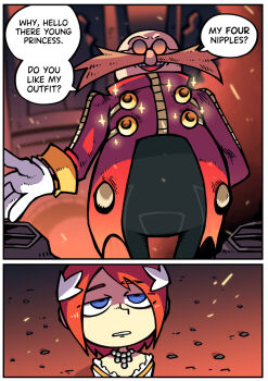 1boy 1girl bald black_pants blue_eyes coat commission completely_unamused dr._eggman english_text facial_hair feather_hair_ornament feathers gloves goggles hair_ornament highres long_sleeves mustache pants pixiv_commission princess_elise_the_third red_coat red_hair round_eyewear setz short_hair sonic_(series) sonic_the_hedgehog_(2006) speech_bubble unamused white_gloves