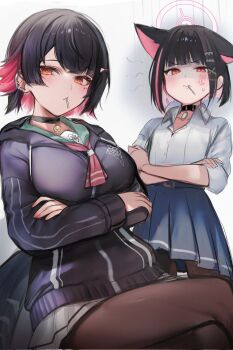 2girls anger_vein animal_collar animal_ears black_choker black_hair blue_archive blue_skirt breasts cat_ears choker closed_mouth collar colored_inner_animal_ears colored_inner_hair crossed_arms crossover ellen_joe expressionless fins fish_tail hair_ornament halo highres kazusa_(blue_archive) lollipop_in_mouth looking_at_viewer maru_ccy mole mole_under_eye multicolored_hair multiple_girls pantyhose pink_hair pink_halo red_eyes red_hair shark_tail shirt short_hair sitting skirt standing tail two-tone_hair white_shirt zenless_zone_zero