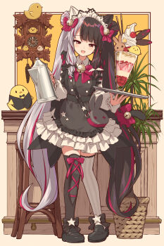 1girl absurdres apron asymmetrical_legwear baby_animal bag bell bird black_apron black_hair black_shoes black_thighhighs bow chick clock coffee_pot collared_dress counter cuckoo_clock dress food frilled_dress frills full_body grey_dress grey_hair grey_thighhighs hair_bow highres holding holding_tray ice_cream jingle_bell knees_together_feet_apart loafers long_hair long_sleeves maid_headdress mikuru_ism mismatched_legwear multicolored_hair nijisanji plant potted_plant puffy_long_sleeves puffy_sleeves shoes shoulder_bag smile solo standing stool streaked_hair sundae tail tail_bow tail_ornament thighhighs tray twintails very_long_hair virtual_youtuber yorumi_rena zettai_ryouiki