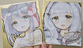 2girls :d animal_ears bare_shoulders blue_archive blue_eyes blue_jacket blush bow camisole collarbone drawstring frilled_camisole frills green_eyes grey_hair grey_hoodie hair_between_eyes hair_bow hair_intakes hare_(blue_archive) highres hood hood_down hoodie jacket kuriyuzu_kuryuu long_hair multiple_girls open_mouth original photo_(medium) pink_bow shikishi signature smile traditional_media upper_body white_camisole