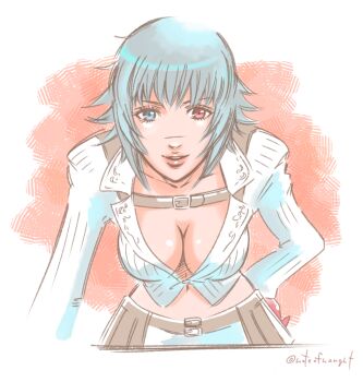 1girl allie_(united_f) artist_name black_hair breasts cleavage devil_may_cry devil_may_cry_(series) devil_may_cry_4 green_eyes hand_on_own_hip heterochromia jacket lady_(devil_may_cry) midriff no_bra parted_lips red_eyes scar scar_on_face scar_on_nose smile white_jacket