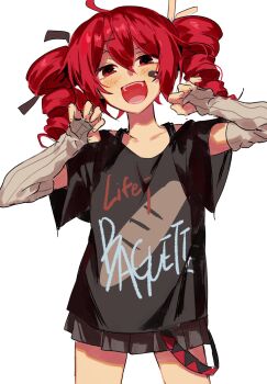 1girl ahoge bandaid bandaid_on_face black_bow black_shirt black_skirt black_sleeves blush bow collarbone double-parted_bangs drill_hair elbow_gloves fingerless_gloves fingernails flat_chest gloves grey_skirt hair_between_eyes hair_bow hair_ornament hands_up hashtag-only_commentary highres kasane_teto loose_gloves miniskirt open_mouth pinstripe_gloves pinstripe_pattern pleated_skirt red_eyes red_hair samsap shirt short_sleeves simple_background skirt solo standing teeth tongue twin_drills utau white_background white_bow x_hair_ornament