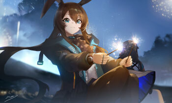Rule 34 | 1girl, 1other, absurdres, amiya (arknights), animal ear fluff, animal ears, arknights, ascot, black ascot, black jacket, blue eyes, blush, brown hair, brown pantyhose, closed mouth, commentary, doctor (arknights), fireworks, highres, holding, holding fireworks, hood, hood up, jacket, long hair, looking at viewer, open clothes, open jacket, pantyhose, rabbit ears, rabbit girl, shirt, smile, white shirt, xiao sa (hayatekkk)