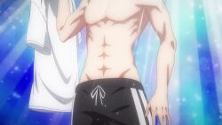 1boy 2.5_jigen_no_ririsa abs animated anime_screenshot black_eyes black_hair black_shorts collarbone hair_between_eyes holding holding_shirt holding_unworn_clothes okumura_masamune pectorals shirt shorts sound tagme toned toned_male topless_male unworn_shirt video white_shirt