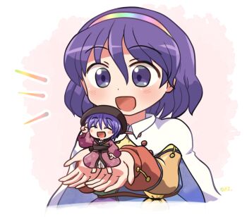 2girls :d ^_^ bag black_hat bowl bowl_hat cape closed_eyes commentary_request dress hairband hat holding holding_mini_person index_finger_raised japanese_clothes kimono long_sleeves looking_at_viewer mini_person minigirl multicolored_dress multicolored_hairband multiple_girls open_mouth patchwork_clothes purple_eyes purple_hair red_kimono rokugou_daisuke short_hair signature sky_print smile stage_connection sukuna_shinmyoumaru tenkyuu_chimata touhou trait_connection upper_body white_cape wide_sleeves