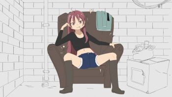 Rule 34 | 1girl, ahoge, bag, black shirt, blue shorts, boots, box, breasts, brick wall, brown boots, cable, can, commentary, couch, denim, denim shorts, drink can, english commentary, food, food in mouth, full body, green jacket, grocery bag, hand up, highres, indoors, industrial pipe, ironcarbon wolf, jacket, leaning to the side, long hair, long sleeves, looking at viewer, mahou shoujo madoka magica, midriff, navel, on couch, partially colored, pocky, pocky in mouth, red eyes, red hair, sakura kyoko, shirt, shopping bag, shorts, sitting, small breasts, smirk, soda can, solo, spread legs, teeth, unworn jacket