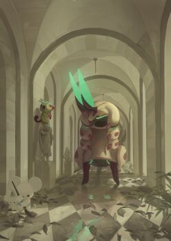 absurdres animal_focus antennae aqua_eyes armor black_eyes broom bug centipede colored_sclera colored_skin gen_5_pokemon gen_8_pokemon grookey highres holding holding_broom holding_stick horns king_joe_(neoroto) maushold maushold_(family_of_three) mega_pokemon mega_scolipede monkey mouse_(animal) multicolored_skin nintendo no_humans pokemon pokemon_(creature) pokemon_focus scolipede statue stick sweeping tail yellow_eyes yellow_sclera