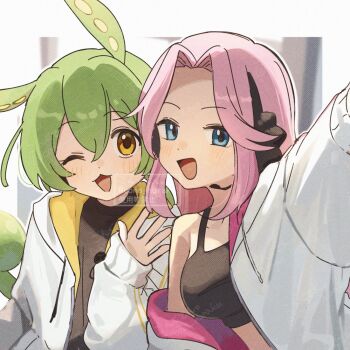 2girls :d ;d animal_ears black_shirt blue_eyes blush border commentary_request corn_kuten crop_top double-parted_bangs edamame green_hair hair_between_eyes hand_up hood hood_down hoodie long_hair long_sleeves looking_at_viewer multiple_girls off_shoulder one_eye_closed open_clothes open_hoodie open_mouth outline outside_border outstretched_arm parted_bangs pink_hair shikoku_metan shirt single_bare_shoulder smile upper_body voicevox watermark white_border white_hoodie white_outline yellow_eyes zundamon