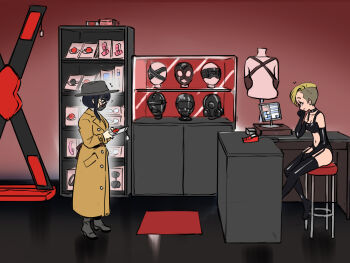 3girls asymmetrical_hair black_gloves black_hair black_thighhighs blindfold blonde_hair bondage_outfit boots breasts cash_register center_opening collar convenient_censoring counter disguise elbow_gloves eudetenis garter_straps gimp_mask gloves hat high_heel_boots high_heels highres indoors long_coat mask medium_breasts mouth_mask multiple_girls navel original second-party_source shop short_hair short_hair_with_long_locks sidecut thighhighs undercut