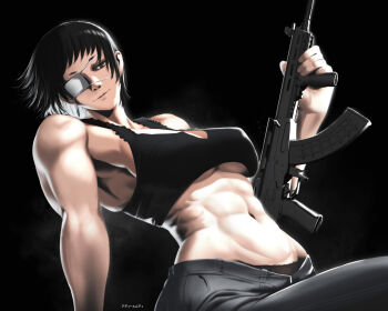 1girl abs absurdres adun_madun black_background black_hair black_tank_top brown_eyes eyepatch grey_pants highres jormungand_(manga) kalashnikov_rifle medical_eyepatch muscular muscular_female pants short_hair sofia_valmer solo tank_top weapon_request