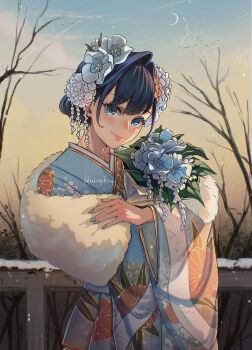 Rule 34 | 1girl, blue eyes, blue flower, blue hair, blue kimono, blue nails, blush, bouquet, closed mouth, commentary, crescent moon, crissydissy, crossed arms, english commentary, floral print, floral print kimono, flower, fur-trimmed kimono, fur trim, gear print, hair flower, hair intakes, hair ornament, highres, holding, holding bouquet, hololive, hololive english, japanese clothes, kanzashi, kimono, looking at viewer, medium hair, moon, multicolored kimono, nail polish, official alternate costume, official alternate hairstyle, ouro kronii, ouro kronii (new year), outdoors, print kimono, short hair, smile, snow, solo, tree, tsumami kanzashi, twitter username, virtual youtuber