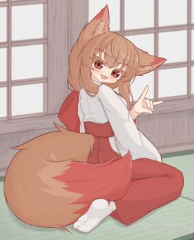 1girl :3 animal_ear_fluff animal_ears arm_up brown_hair commentary_request crossed_bangs fang fox_ears fox_girl fox_shadow_puppet fox_tail from_behind hakama highres japanese_clothes light_blush long_hair long_sleeves looking_at_viewer miko nikaon open_mouth original red_eyes red_hakama shouji shrine signature sitting sliding_doors smile socks solo tail turning_head twitter_username wariza white_kosode white_socks wide_sleeves