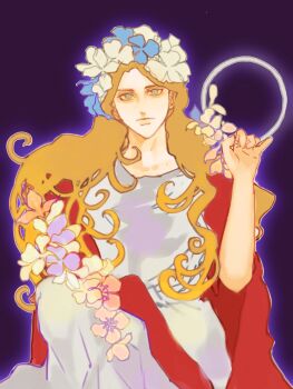 1girl art_nouveau bags_under_eyes black_background bloom blue_eyes blue_flower blue_outline brown_hair chinese_commentary closed_mouth commentary_request curly_hair dress empty_eyes flat_color flower hair_flower hair_ornament halo highres holding_halo lana_del_rey light_frown long_hair looking_at_viewer orange_flower outline parted_hair purple_flower real_life red_scarf scarf short_sleeves solo stole traditional_halo white_dress white_flower white_halo xsy0520991