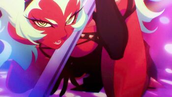 animated animated_gif anime_screenshot black_collar black_tiara bra breasts collar colored_skin demon demon_girl demon_horns elbow_gloves gloves green_hair grin horns large_breasts long_hair looking_at_viewer panty_&amp;_stocking_with_garterbelt pole pole_dancing red_skin scanty_(psg) sharp_teeth sile smile spiked_bra spiked_collar spiked_gloves spikes stripper_pole teeth thighs tiara underwear