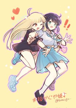 2girls ahoge black_shirt black_shoes blonde_hair blue_neckerchief blue_skirt bracelet chou_kaguya-hime! commentary copyright_name full_body green_eyes heart highres hug hug_from_behind jewelry kaguya_(chou_kaguya-hime!) loafers long_hair miniskirt multiple_girls neckerchief one_eye_closed open_mouth outline outstretched_arms pleated_skirt purple_hair red_eyes sailor_collar sakayori_iroha school_uniform serafuku shirt shoes short_sleeves skirt smile sneakers socks symbol-only_commentary t-shirt tuzai_yu twitter_username white_shirt white_socks yellow_background