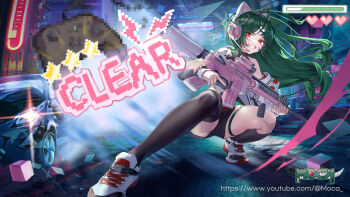 Rule 34 | 1girl, animal ear headphones, animal ears, asymmetrical legwear, cat ear headphones, cat ears, detached sleeves, fake animal ears, floating hair, green hair, green nails, gun, headphones, health bar, highres, holding, holding gun, holding weapon, indie virtual youtuber, kokko (kokko3045), long hair, looking at viewer, mochahyeong, red eyes, shoes, short shorts, shorts, smile, sneakers, squatting, thigh strap, thighs, virtual youtuber, weapon