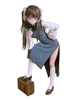 Rule 34 | 1girl, artist name, blue dress, brown bag, brown eyes, brown hair, brown shoes, captain morgan pose, china dress, chinese clothes, closed mouth, commentary, dress, dress over shirt, earrings, elbow on knee, feiqizi (fkey), fkey, hair ribbon, hand on own hip, highres, jewelry, kneehighs, long hair, looking at viewer, mole, mole under eye, original, pankou, ribbon, shanghai neckline, shoes, side slit, simple background, sleeveless, sleeveless dress, socks, solo, symbol-only commentary, white background, white ribbon, white socks, yin yang, yin yang earrings