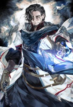 Rule 34 | 1boy, absurdres, belt, book, cane, coat, commentary, cowboy shot, elden ring, elden ring nightreign, english commentary, facial hair, gameplay mechanics, gloves, hair over one eye, high collar, highres, holding, holding cane, looking to the side, magic, monocle, mustache stubble, ovolinyu, reaching, scholar (elden ring), short hair, solo, stubble, white coat