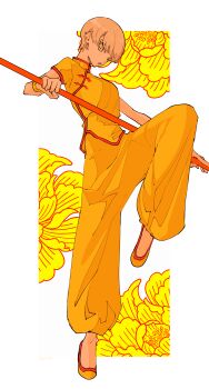 1girl absurdres blonde_hair breasts chinese_clothes commentary_request full_body green_eyes hasuhappa highres holding holding_staff huang_pao-lin open_mouth pants shirt shoes short_hair short_sleeves solo staff standing standing_on_one_leg tiger_&amp;_bunny very_short_hair yellow_pants yellow_shirt yellow_shoes