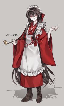 1girl apron black_hair boots dress fate/grand_order fate_(series) highres holding holding_smoking_pipe japanese_clothes kimono long_hair maid maid_apron maid_headdress oda_nobunaga_(fate) open_mouth red_dress red_eyes red_kimono smile smoking_pipe solo twintails very_long_hair xixing_chun