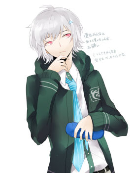 1boy ahoge belt black_belt black_shirt blue_necktie collared_shirt danganronpa_(series) danganronpa_2:_goodbye_despair genderswap genderswap_(ftm) green_jacket grey_hair hair_ornament hand_on_own_chin hand_up handheld_game_console holding holding_handheld_game_console hood hooded_jacket jacket long_sleeves nanami_chiaki necktie pink_eyes shiromi_(shiromikk) shirt short_hair solo striped_necktie translation_request white_shirt