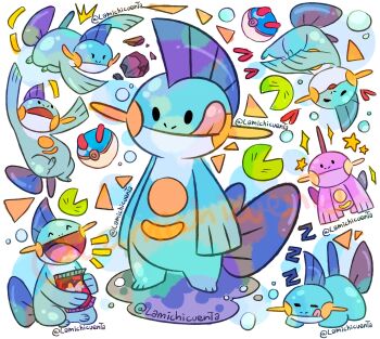 Rule 34 | :q, = =, absurdres, alternate color, bag, bubble, chips (food), closed eyes, closed mouth, commentary, doritos, food, full body, gen 3 pokemon, great ball, highres, holding, holding bag, lamichicuenta, lily pad, marshtomp, nintendo, no humans, nostrils, open mouth, poke ball, pokemon, pokemon (creature), pokemon focus, puddle, rock, shiny and normal, shiny pokemon, simple background, sleeping, smile, sparkle, standing, tongue, tongue out, twitter username, watermark, white background, zzz