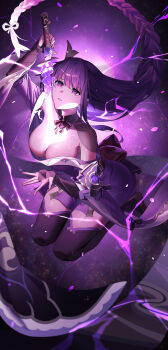 1girl absurdres arm_up armor back_bow blunt_bangs bow braid breasts cleavage collared_shirt commentary_request drawing_sword electricity floating genshin_impact glowing glowing_eyes glowing_hair glowing_sword glowing_weapon gradient_hair hair_ornament hair_ribbon highres holding holding_sword holding_weapon huge_breasts human_scabbard issac3389 japanese_clothes katana kimono large_breasts leaning_forward long_braid long_hair looking_up mitsudomoe_(shape) mole mole_under_eye multicolored_hair musou_isshin_(genshin_impact) neck_ribbon off_shoulder parted_lips purple_background purple_eyes purple_hair purple_kimono purple_thighhighs raiden_shogun red_ribbon ribbon shirt shoulder_armor single_braid solo sword sword_between_breasts thighhighs tomoe_(symbol) weapon wide_sleeves