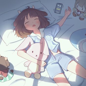 Rule 34 | 1girl, alarm clock, animal ears, antlers, bed, bedroom, blue pajamas, blush, brown hair, clock, closed eyes, commentary, commentary request, english commentary, franky7702, highres, horns, indie utaite, kano (utaite), lying, mixed-language commentary, morning, on back, open mouth, pajamas, phone, pillow, short hair, short sleeves, solo, stuffed animal, stuffed rabbit, stuffed toy, sunlight, utaite