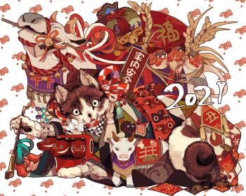 2021 animal animal_focus animal_print arrow_(projectile) bell bird bull cat chinese_zodiac closed_eyes clothed_animal flower from_side hamaya highres holding holding_smoking_pipe jingle_bell kiseru licking_lips looking_at_viewer mouth_hold no_humans original pawpads rope seigaiha shimenawa signature smoking_pipe sparrow tassel tonbippo08 tongue tongue_out wheat whiskers white_background white_eyes white_flower year_of_the_ox