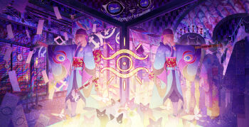 1boy absurdres architecture ayakashi:_japanese_classic_horror bakeneko_(mononoke) bandana blank_eyes blonde_hair blue_eyes blue_kimono bright_pupils bug butterfly candle candlestand cat cat_mask closed_mouth commentary_request east_asian_architecture eye_symbol eyeshadow facepaint fingernails frown hair_between_eyes highres holding holding_weapon insect japanese_clothes kimono kusuriuri_(mononoke) leg_wrap long_bangs long_fingernails long_hair looking_at_viewer low-tied_long_hair makeup male_focus mannequin mask mononoke moria_kioshi multiple_views obi obiage obijime ofuda outstretched_arm pointy_ears print_kimono purple_bandana purple_lips purple_nails purple_sash red_eyeshadow rice-fanfan sash sharp_fingernails shouji sliding_doors split_theme standing subway surreal sword_of_exorcism symmetry too_many too_many_cats train train_station_platform weapon white_pupils