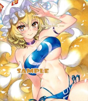 1girl adapted_costume arm_up armband bikini blonde_hair blue_bikini breasts chacham cleavage commentary_request fox_tail large_breasts medium_hair navel smile solo swimsuit tail touhou yakumo_ran yellow_eyes