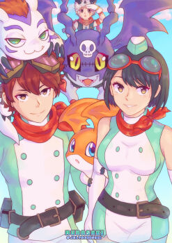 1girl 2boys absurdres aegiomon belt black_belt black_hair blue_eyes breasts brown_eyes brown_hair digimon digimon_(creature) digimon_story:_time_stranger goggles goggles_on_head gomamon green_eyes hat highres medium_breasts mini_hat multiple_boys murasaki_(julymurasaki) patamon picodevimon red_hair short_hair white_fur yuuki_dan yuuki_kanan