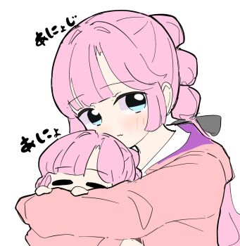 Rule 34 | 2girls, :3, aged down, anyoji hime, black ribbon, blush, closed eyes, closed mouth, commentary, dual persona, hair ribbon, hasu no sora school uniform, highres, hood, hooded jacket, hug, jacket, link! like! love live!, long hair, long sleeves, looking at viewer, love live!, multi-tied hair, multiple girls, open clothes, open jacket, pink hair, pink jacket, ponytail, ribbon, sailor collar, school uniform, simple background, tazaki masanobu, time paradox, translated, virtual youtuber, white background, white sailor collar, winter uniform