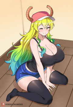 1girl ass black_skirt blonde_hair blue_hair blue_shorts blush brown_horns closed_mouth denim denim_shorts dragon_girl eyebrows_hidden_by_hair green_eyes green_hair green_nails hat highres horns huge_ass jarckius kobayashi-san_chi_no_maidragon long_hair lucoa_(maidragon) multicolored_hair on_floor one_eye_closed patreon_logo patreon_username pink_hat short_shorts shorts sitting skirt smile tank_top thighhighs very_long_hair wariza wooden_floor
