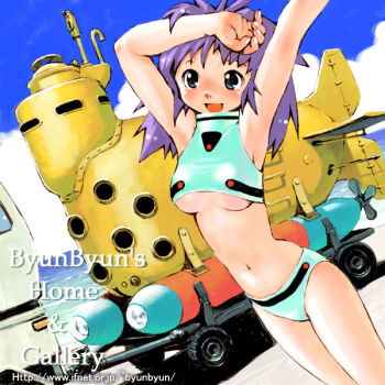 1girl arm_above_head armpits arms_up artist_name bad_id beach bikini blue_bikini blue_eyes blue_sky breasts car cloud commentary cowboy_shot day dutch_angle long_hair medium_breasts motor_vehicle navel open_mouth original outdoors purple_hair sky smile solo standing stomach submarine swimsuit trailer tsuzuki_kazuhiko underboob watercraft watermark web_address