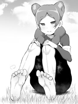 1girl barefoot beta_(inazuma_eleven) blush feet fetish_third foot_focus grass hands_on_own_knees highres inazuma_eleven inazuma_eleven_(series) long_hair looking_at_viewer monochrome smile soles steam sweat toes