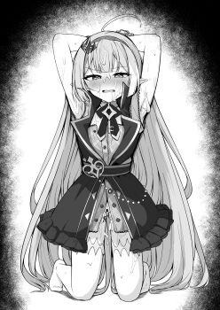 1girl absurdres ahoge armpits arms_behind_head arms_up black_jacket blush checkered_clothes checkered_dress checkered_hairband cum cum_on_armpits cum_on_body cumdrip dress extra_pupils facial female_tyrant_(stella_sora) hairband highres jacket kneeling long_hair looking_at_viewer mitsumine_raimu no_panties pointy_ears pussy sleeveless sleeveless_dress sleeveless_jacket solo stella_sora tally tyrant_(stella_sora)