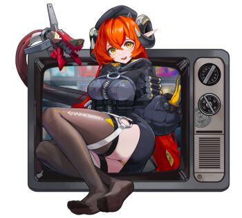 1girl 723_chfhrqur absurdres blush breasts commentary demon_horns gloves green_eyes gun hat highres hood hoodie horns large_breasts long_hair looking_at_viewer magus_(zenless_zone_zero) open_mouth orange_hair orphie_magnusson panties panty_peek pointy_ears sitting tail television thighhighs thighs twintails underwear weapon zenless_zone_zero