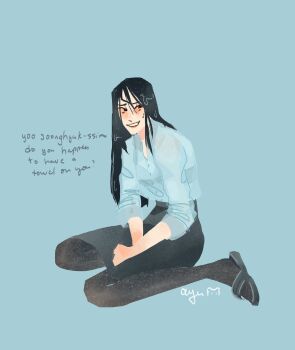 1girl black_hair black_pantyhose black_skirt character_request check_character collared_shirt commentary english_commentary full_body hands_on_lap highres jung_heewon kdj143637 long_hair looking_to_the_side nervous_smile omniscient_reader's_viewpoint on_ground pantyhose shirt sitting skirt sleeves_rolled_up slippers smile solo straight_hair sweatdrop wariza wet wet_hair white_shirt